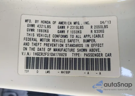 2013 Honda Accord Sport from USA, damaged, VIN 1HGCR2F51DA179829